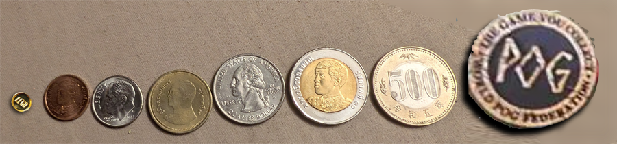 image of several coins from a tiny lego coin, through US, Thai, and Japansese currency, ending with a POG representing widths of the 'coin' breakpoint