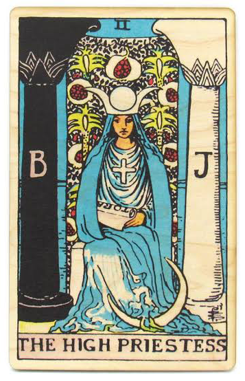 image of a high priestess tarot card which is roughly the width of the sm-card breakpoint